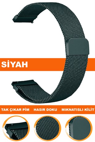 Huawei Watch Gt Gt2 Gt3 Gt4 Gt5 Uyumlu Siyah Renk Paslanmaz Çelik Mıknatıslı Hasır Saat Kordonu Kayışı
