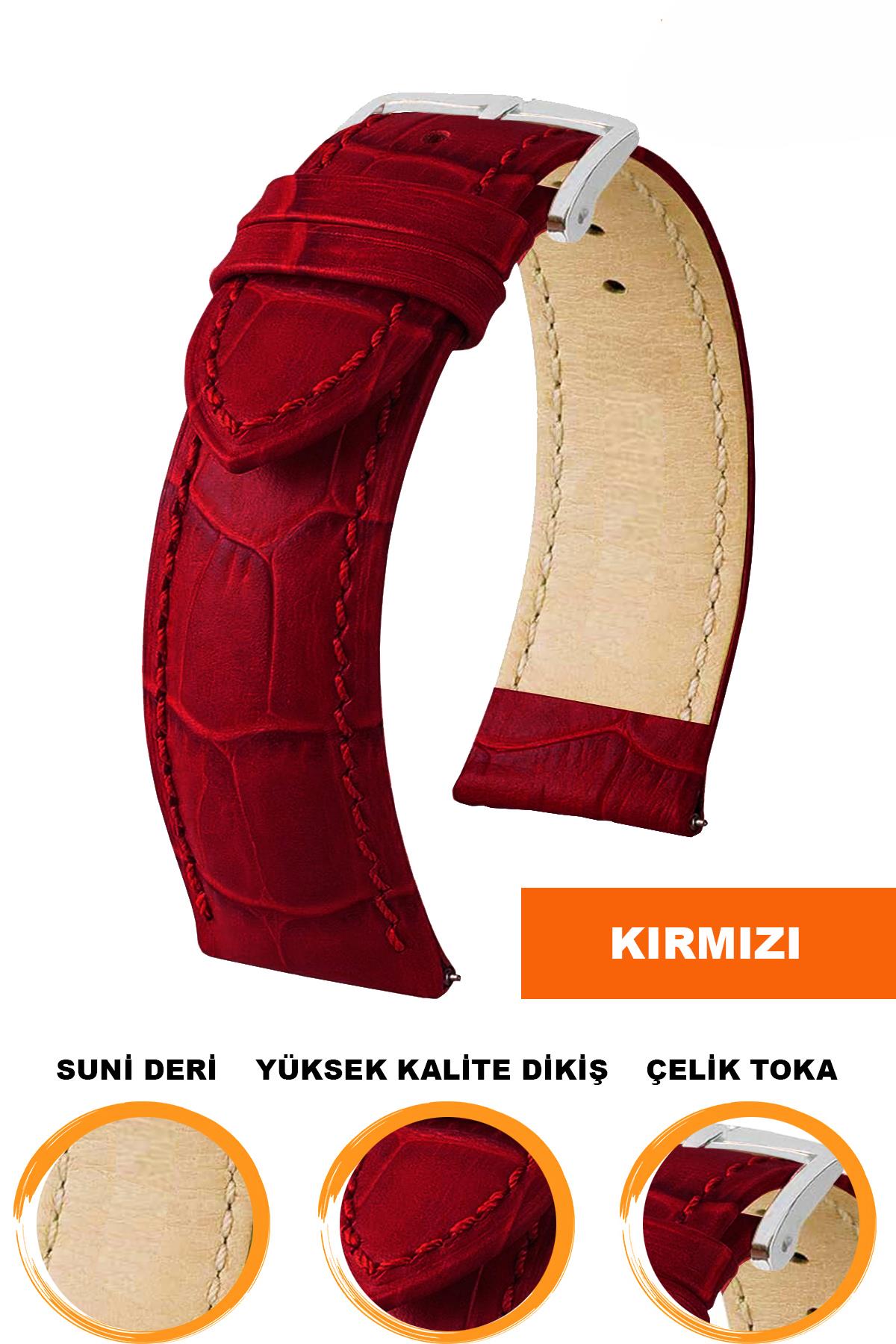 14mm-16mm-18mm-20mm-22mm-24mm-26mm-28mm Kırmızı Renk Suni Deri Saat Kordonu Kayışı