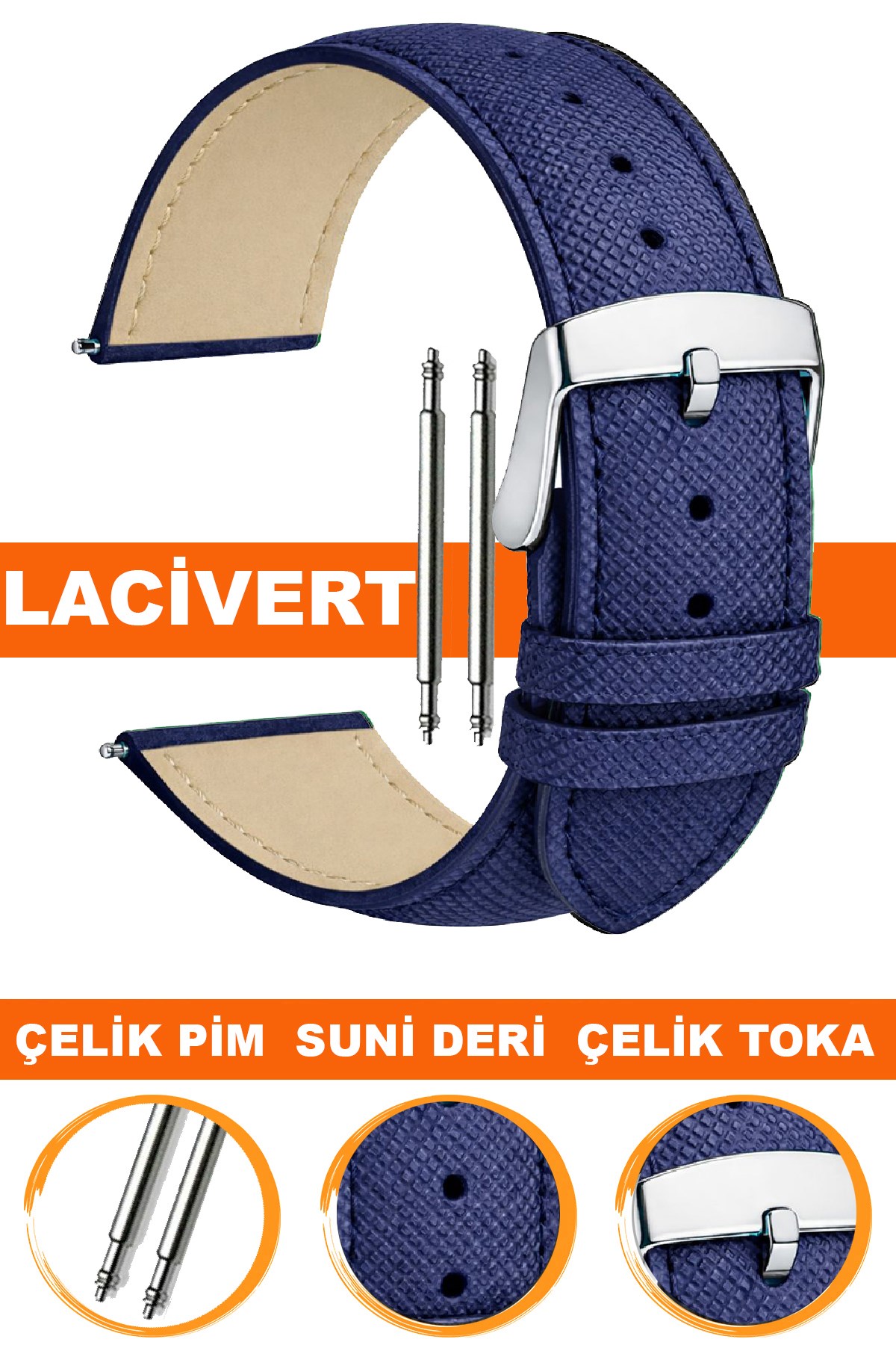 14mm-16mm-18mm-20mm-22mm Baskılı Model Lacivert Renk Suni Deri Saat Kordonu Kayışı