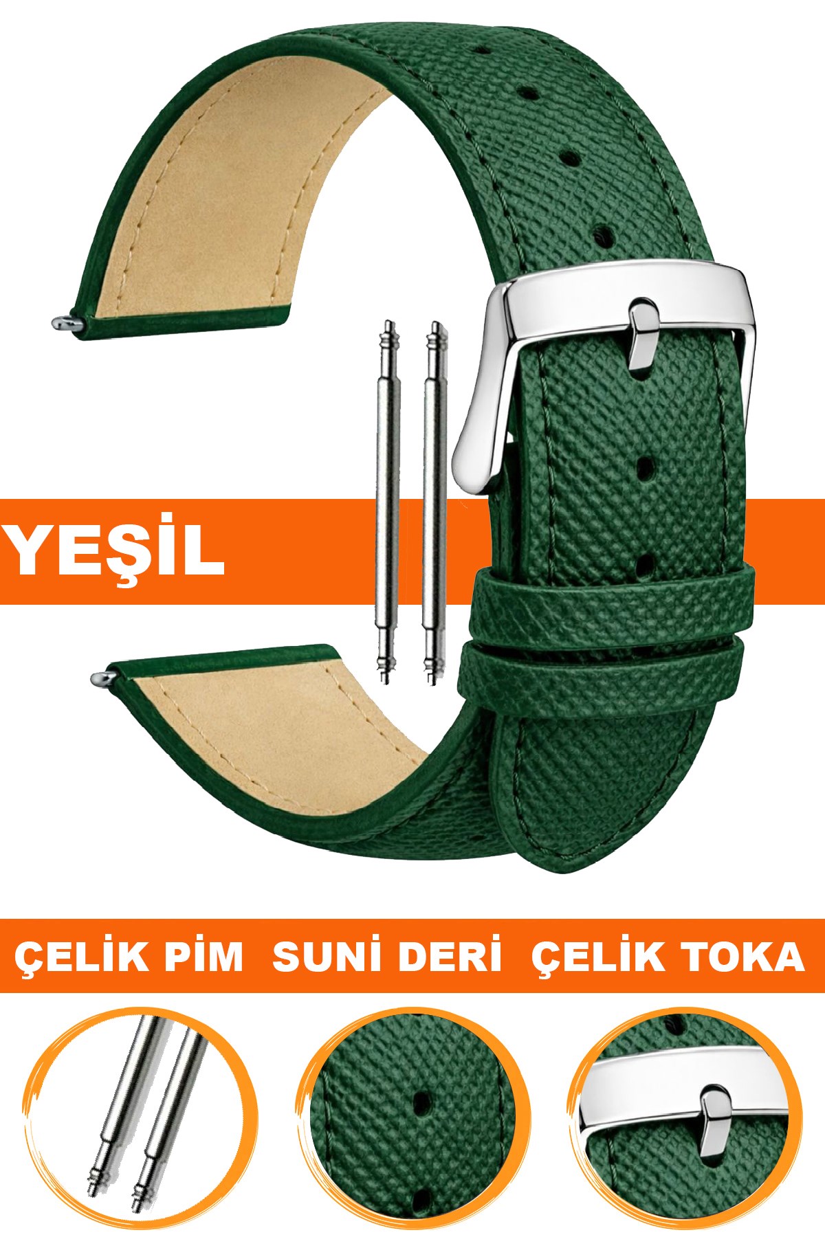 14mm-16mm-18mm-20mm-22mm Baskılı Model Yeşil Renk Suni Deri Saat Kordonu Kayışı