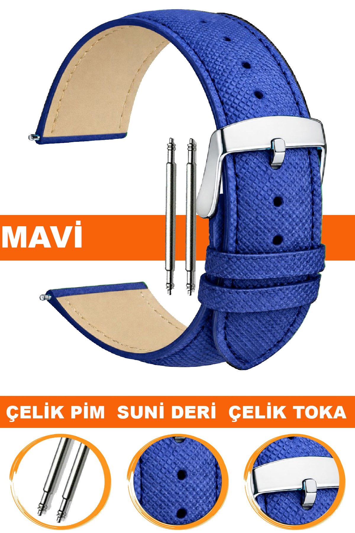 14mm-16mm-18mm-20mm-22mm Baskılı Model Mavi Renk Suni Deri Saat Kordonu Kayışı