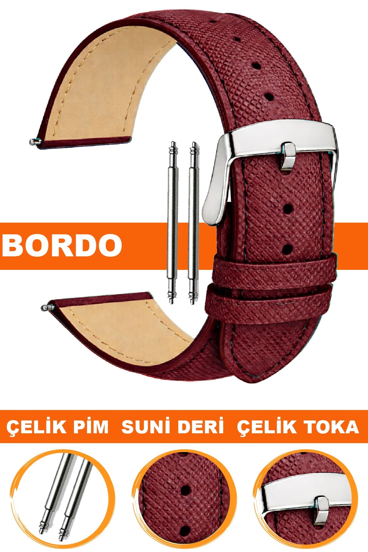 14mm-16mm-18mm-20mm-22mm Baskılı Model Bordo Renk Suni Deri Saat Kordonu Kayışı