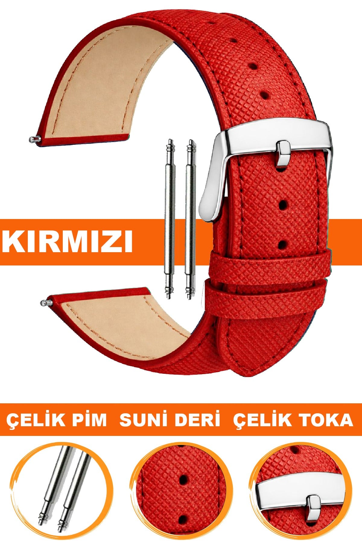 14mm-16mm-18mm-20mm-22mm Baskılı Model Kırmızı Renk Suni Deri Saat Kordonu Kayışı