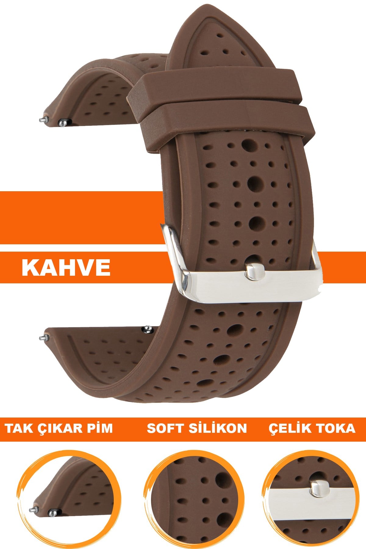 18mm-20mm-22mm-24mm Kahverengi Renk Silikon Saat Kordonu Kayışı S26