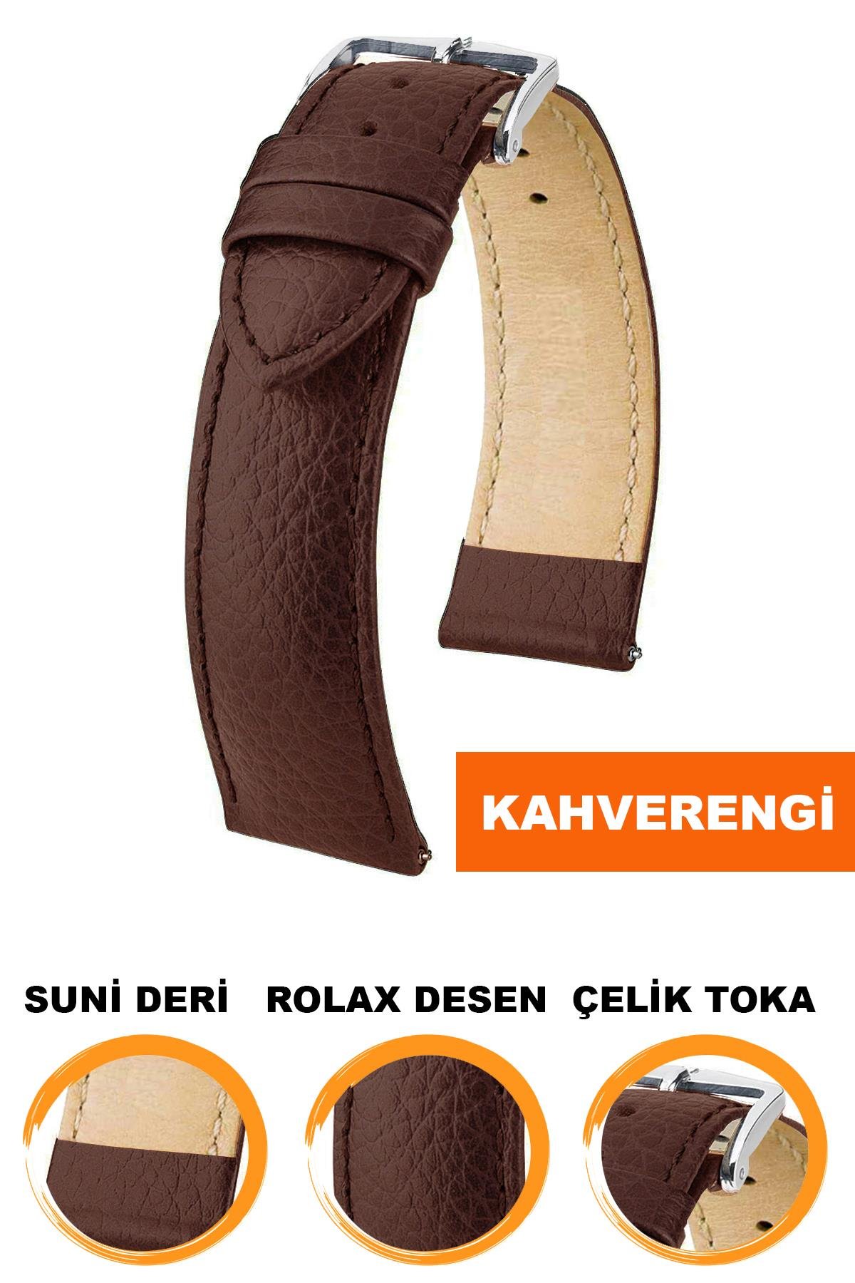 18mm-20mm-22mm-24mm-Rolax Desenli Kahverengi Renk Suni Deri Saat Kordonu Kayışı