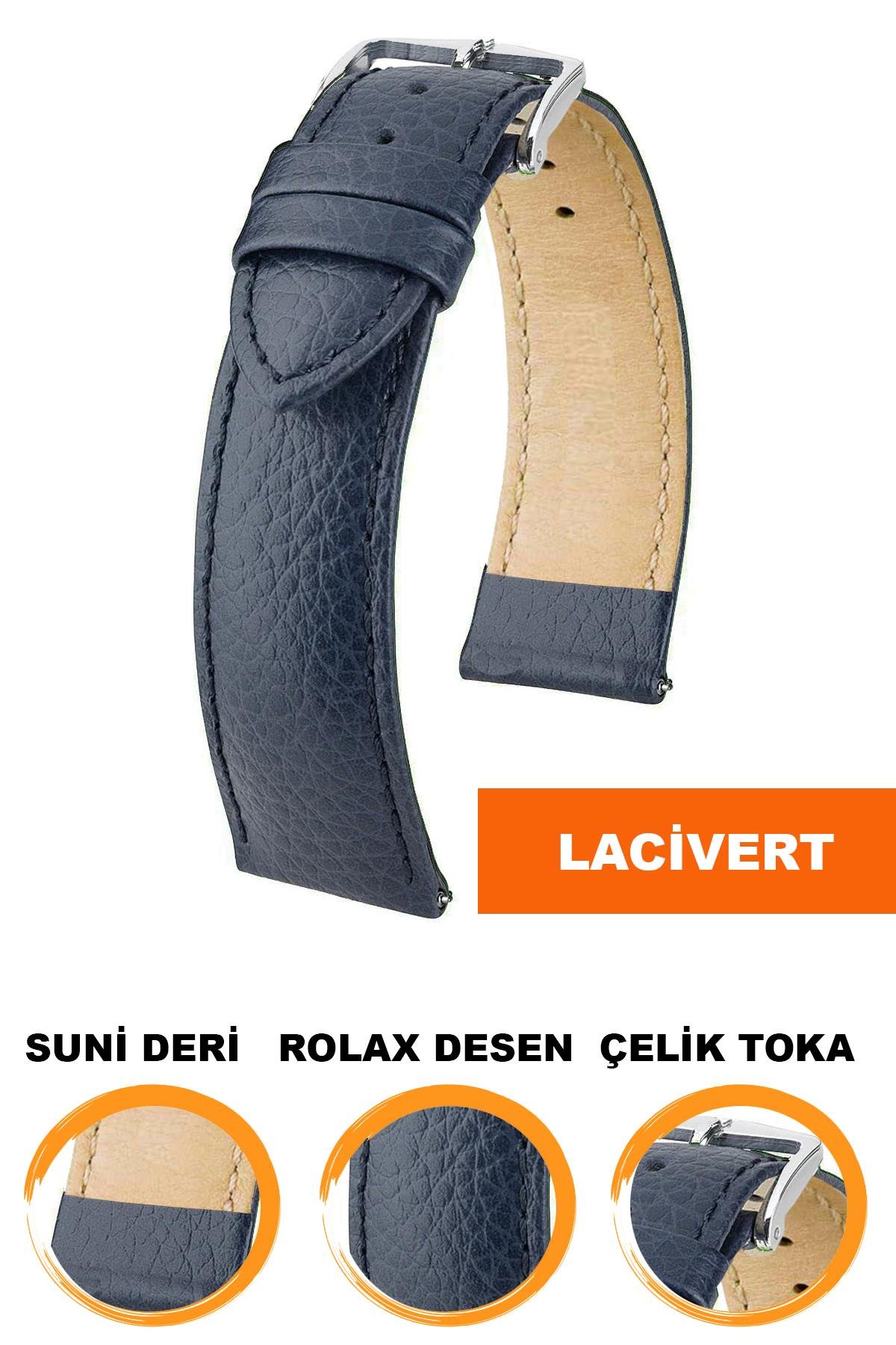 18mm-20mm-22mm-24mm-Rolax Desenli Lacivert Renk Suni Deri Saat Kordonu Kayışı