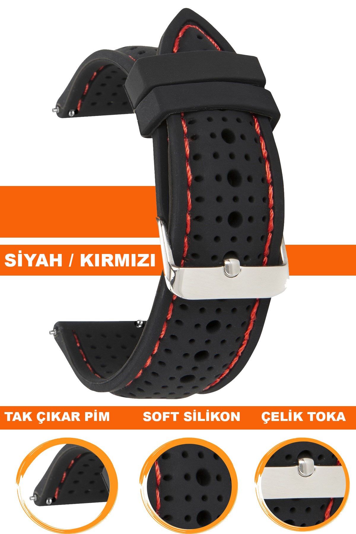18mm-20mm-22mm-24mm Siyah-Kırmızı Dikişli Renk Silikon Saat Kordonu Kayışı S26