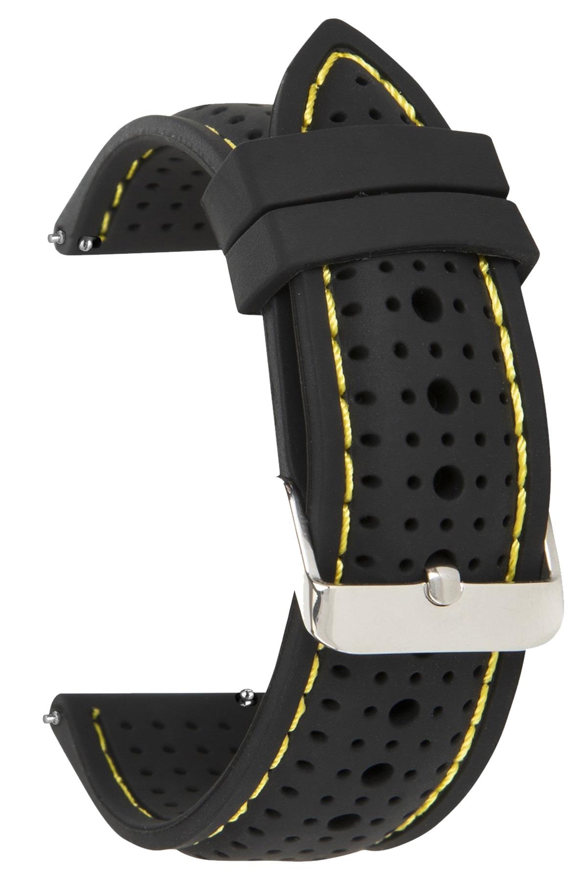 18mm-20mm-22mm-24mm Siyah-Sarı Dikişli Renk Silikon Saat Kordonu Kayışı S26