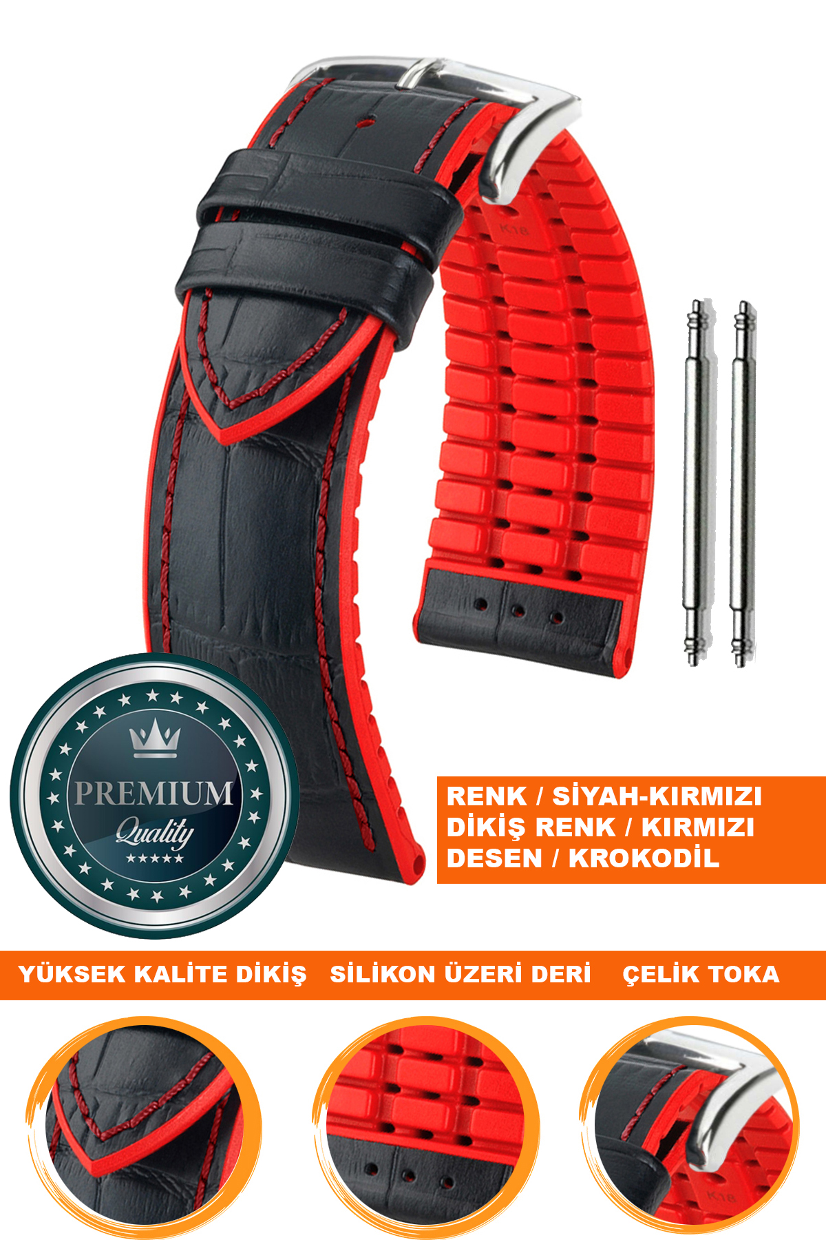 20mm-22mm-24mm Saat Uyumlu Kırmızı Renk Üzeri Siyah Renk Kroko Desenli Deri Silikon Saat Kordonu Kayışı LS35KRK-G
