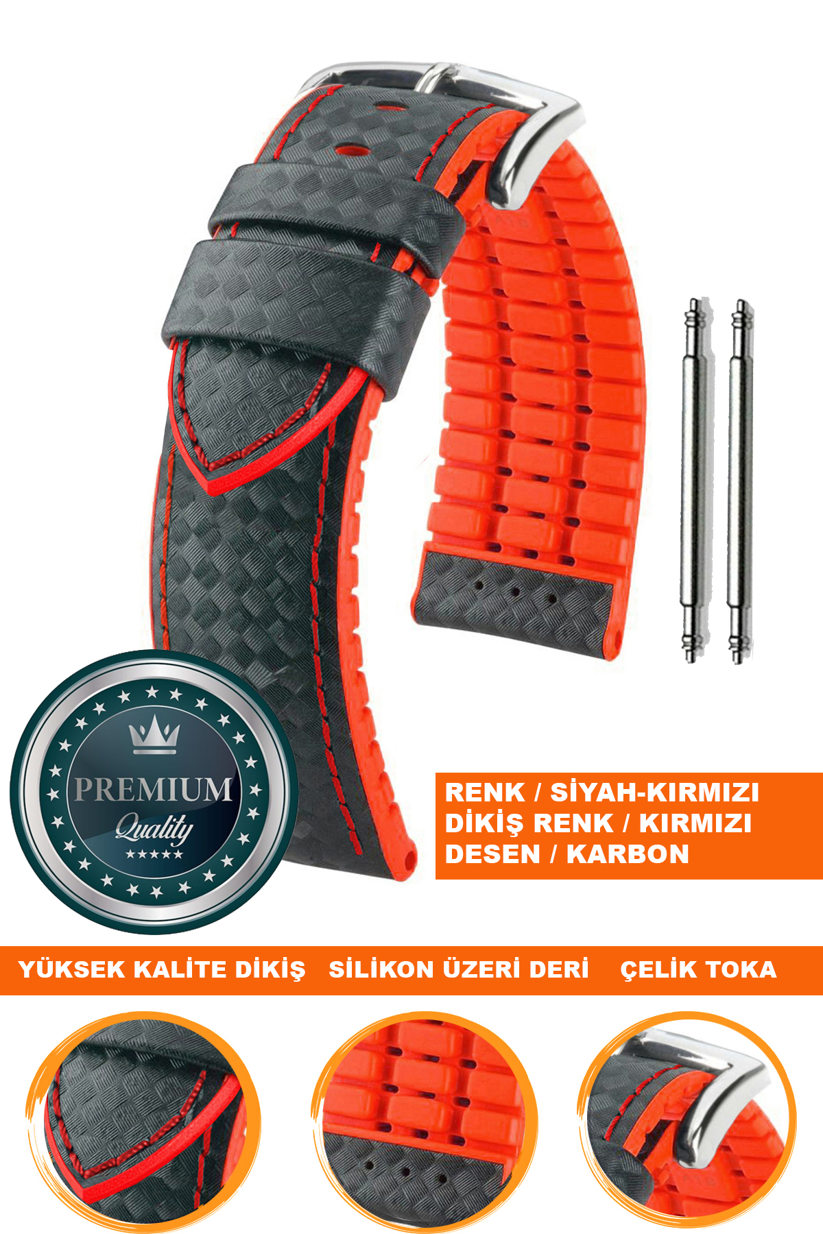 20mm-22mm-24mm Saat Uyumlu Kırmızı Üzeri Siyah Renk Karbon Desenli Deri Silikon Saat Kordonu Kayışı LS35