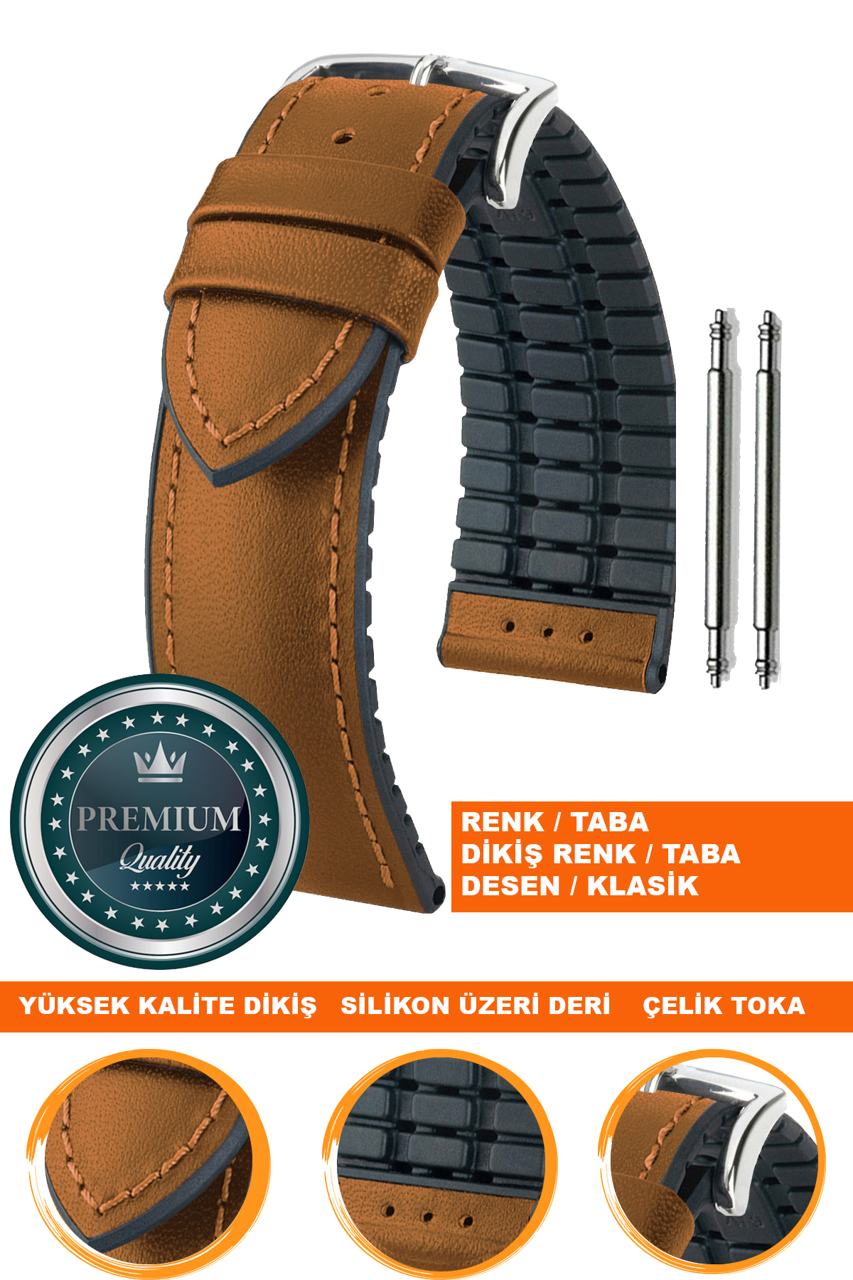 20mm-22mm-24mm Saat Uyumlu Siyah Renk Üzeri Taba Renk Klasik Model Deri Silikon Saat Kordonu Kayışı LS35KLS-G