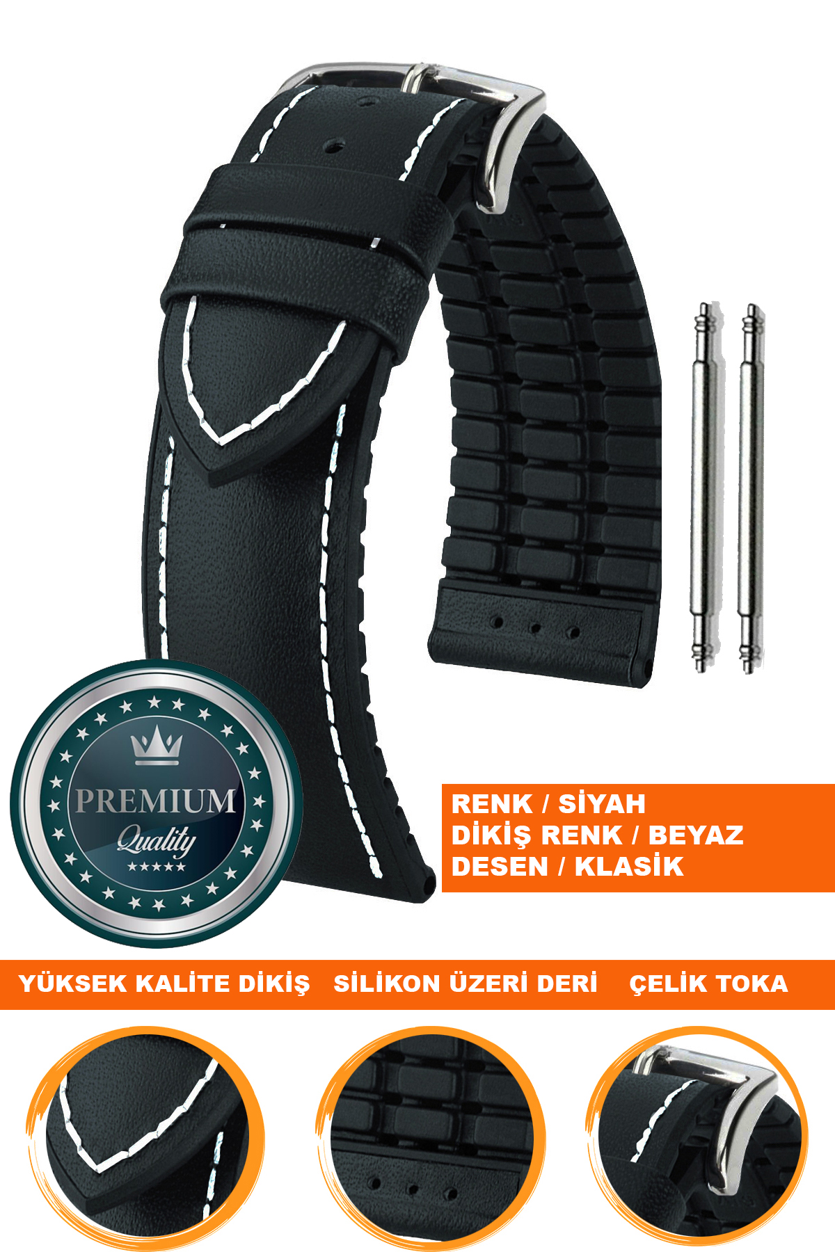 20mm-22mm-24mm Saat Uyumlu Siyah Renk Üzeri Siyah Renk Klasik Model Deri Silikon Saat Kordonu Kayışı LS35KLS-G
