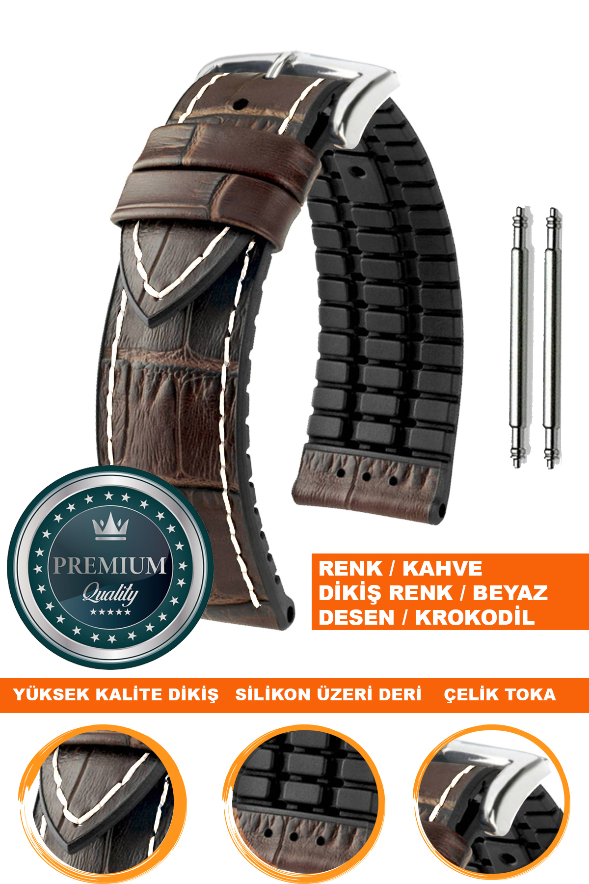 20mm-22mm-24mm Saat Uyumlu Siyah Renk Üzeri Kahverengi Renk Kroko Desenli Deri Silikon Saat Kordonu Kayışı LS35KRK-G