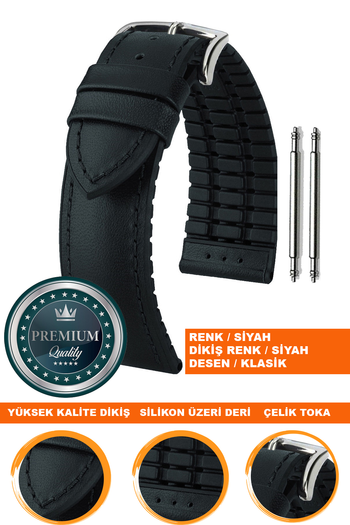 20mm-22mm-24mm Saat Uyumlu Siyah Renk Üzeri Siyah Renk Klasik Model Deri Silikon Saat Kordonu Kayışı LS35KLS-G