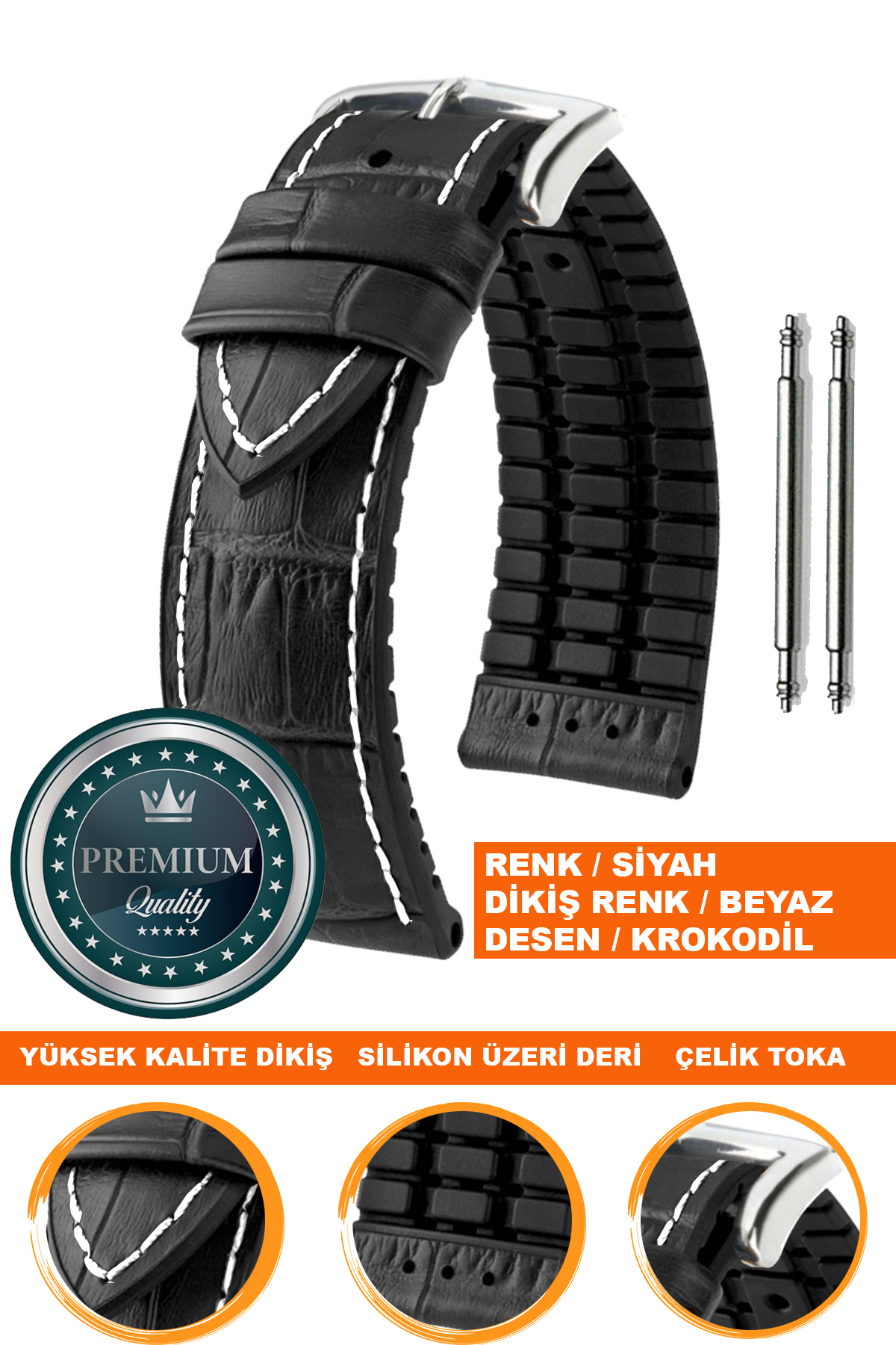 20mm-22mm-24mm Saat Uyumlu Siyah Renk Üzeri Siyah Renk Kroko Desenli Deri Silikon Saat Kordonu Kayışı LS35KRK-G