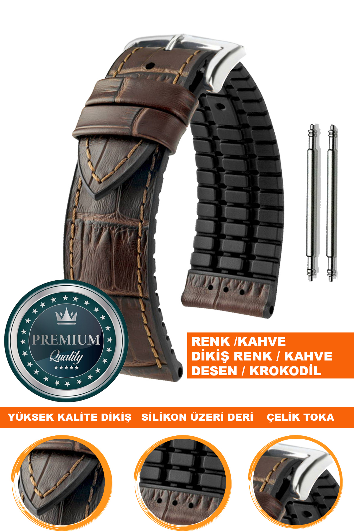 20mm-22mm-24mm Saat Uyumlu Siyah Renk Üzeri Kahverengi Renk Kroko Desenli Deri Silikon Saat Kordonu Kayışı LS35KRK-G