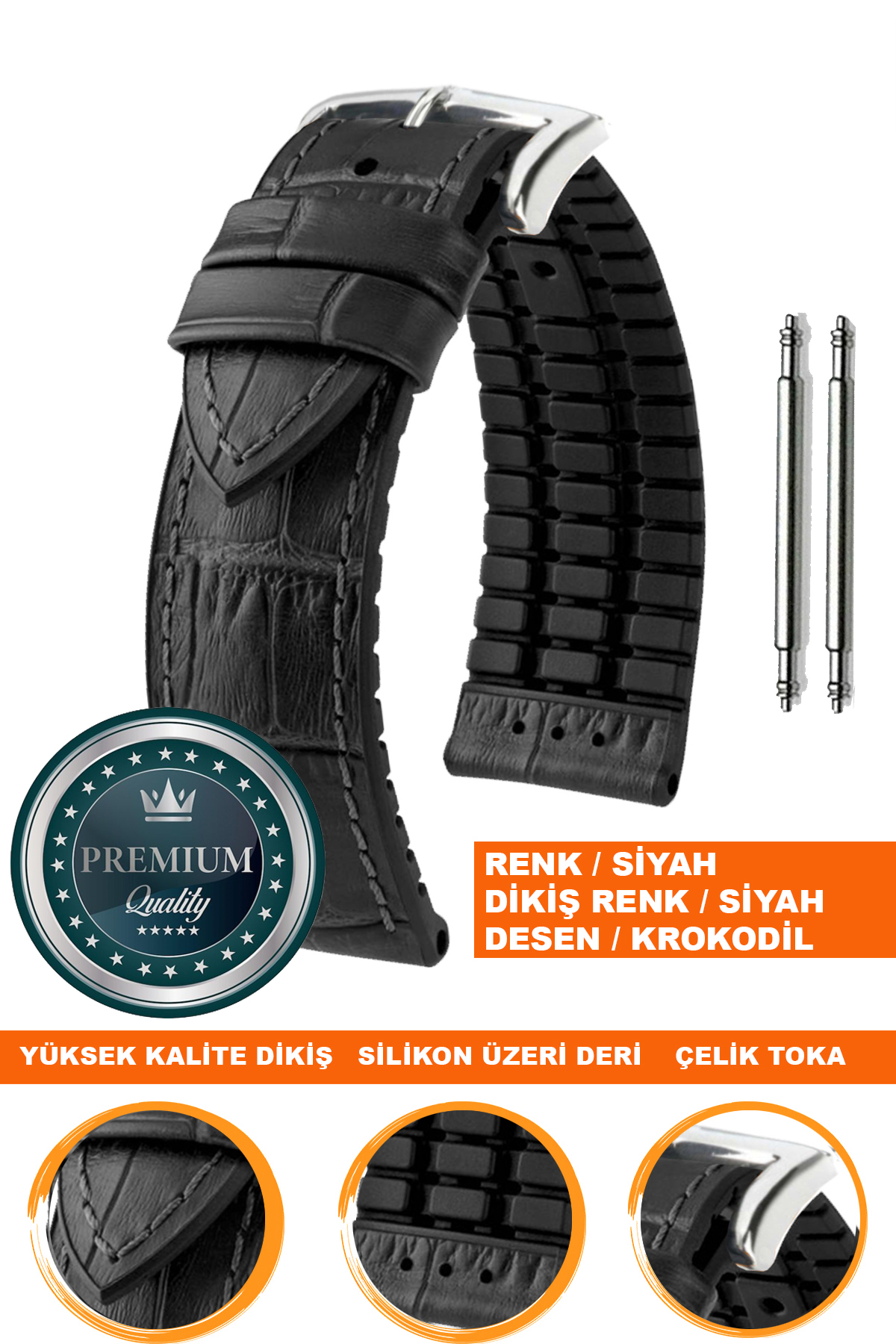 20mm-22mm-24mm Saat Uyumlu Siyah Renk Üzeri Siyah Renk Kroko Desenli Deri Silikon Saat Kordonu Kayışı LS35KRK-G
