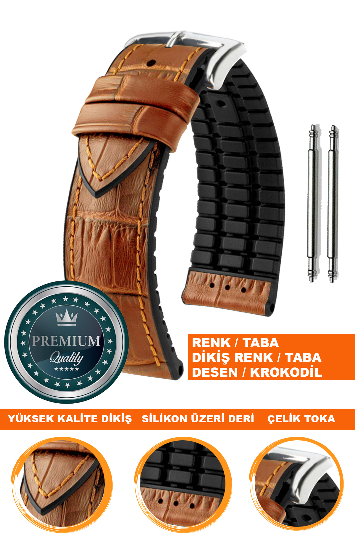 20mm-22mm-24mm Saat Uyumlu Siyah Renk Üzeri Taba Renk Kroko Desenli Deri Silikon Saat Kordonu Kayışı LS35KRK-G