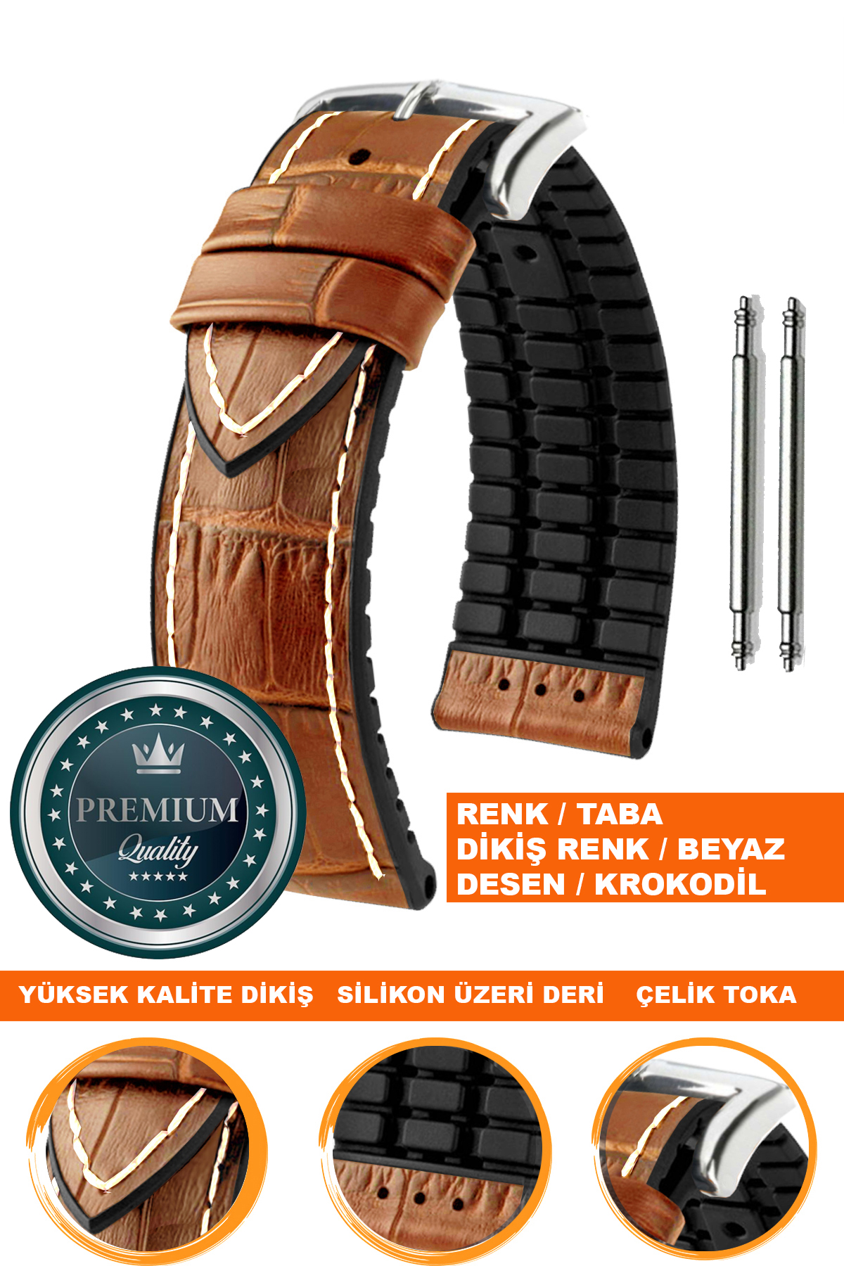 20mm-22mm-24mm Saat Uyumlu Siyah Renk Üzeri Taba Renk Kroko Desenli Deri Silikon Saat Kordonu Kayışı LS35KRK-G