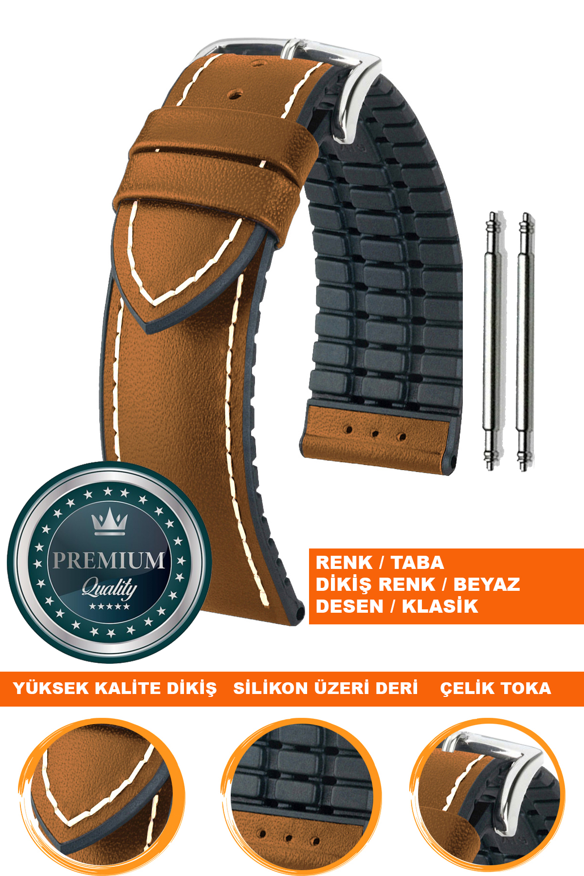 20mm-22mm-24mm Saat Uyumlu Siyah Renk Üzeri Taba Renk Klasik Model Deri Silikon Saat Kordonu Kayışı LS35KLS-G