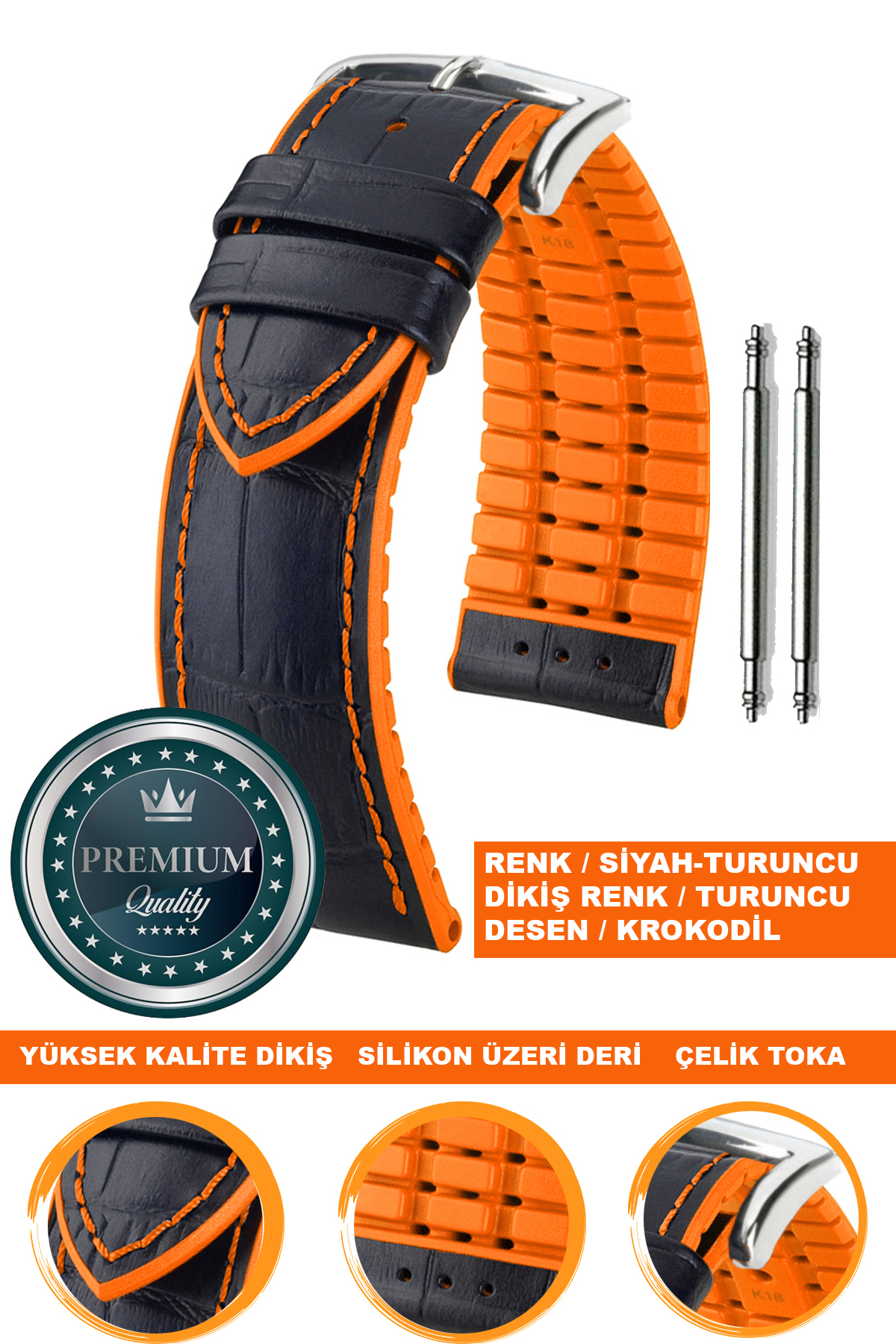 20mm-22mm-24mm Saat Uyumlu Turuncu Renk Üzeri Siyah Renk Kroko Desenli Deri Silikon Saat Kordonu Kayışı LS35KRK-G