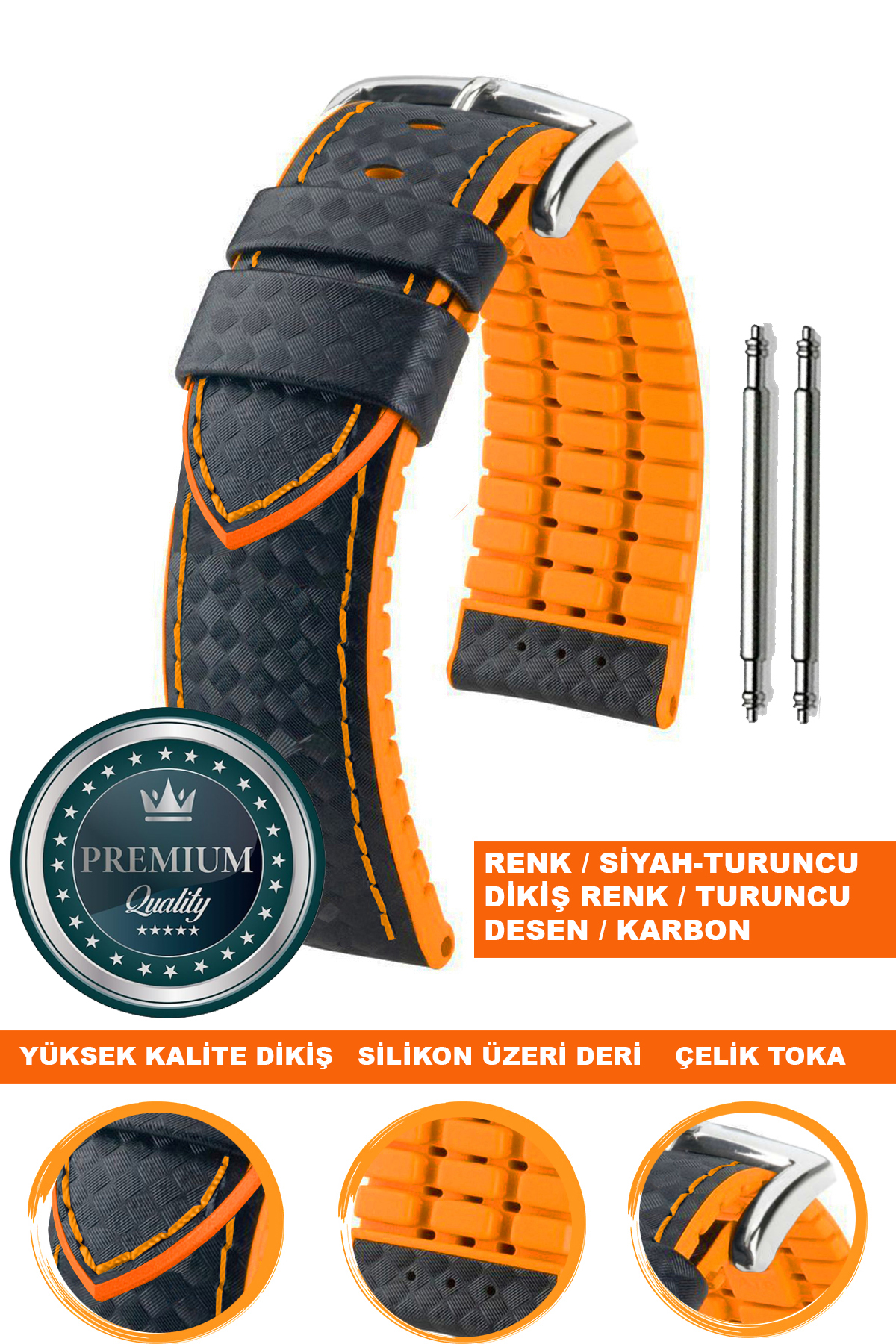 20mm-22mm-24mm Saat Uyumlu Turuncu Üzeri Siyah Renk Karbon Desenli Deri Silikon Saat Kordonu Kayışı LS35
