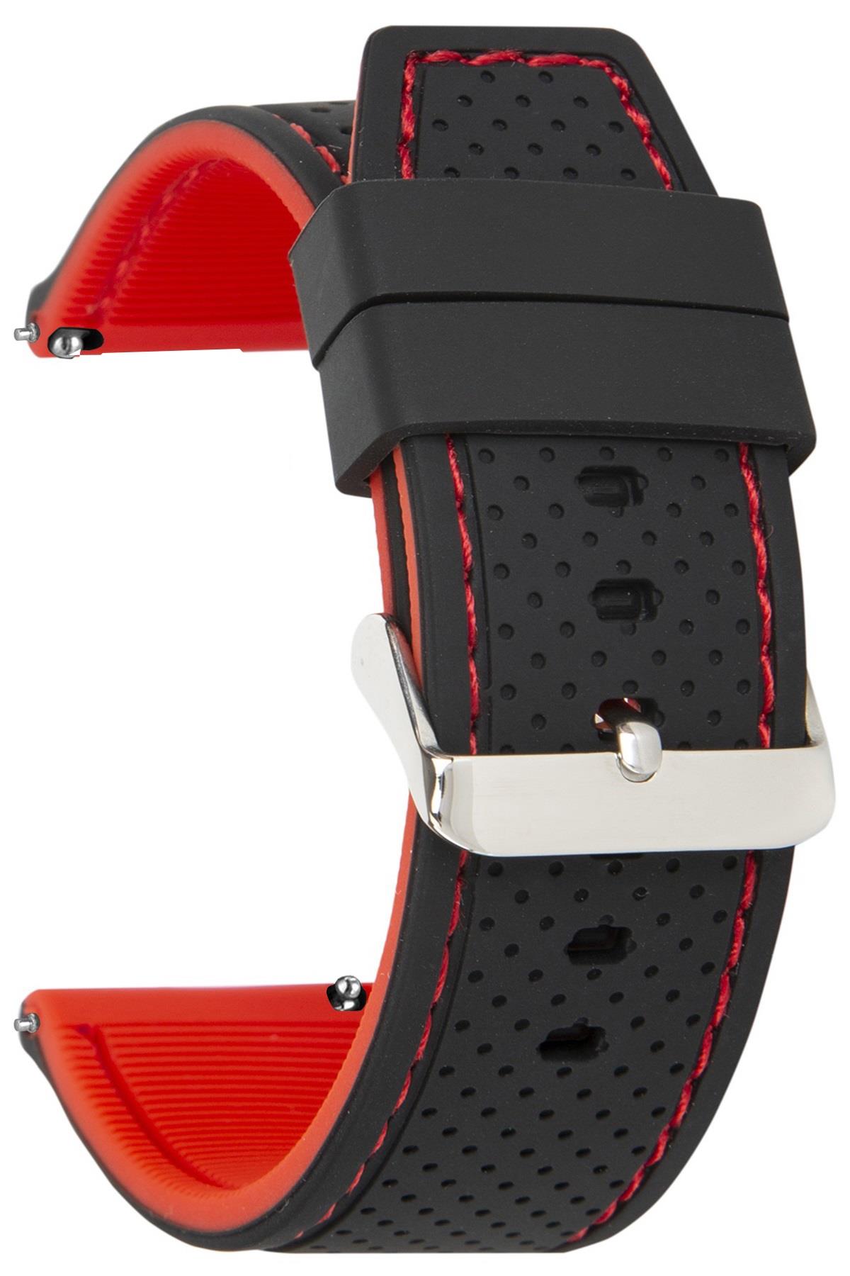 20mm-22mm-24mm Siyah-Kırmızı Renk Silikon Saat Kordonu Kayışı A54