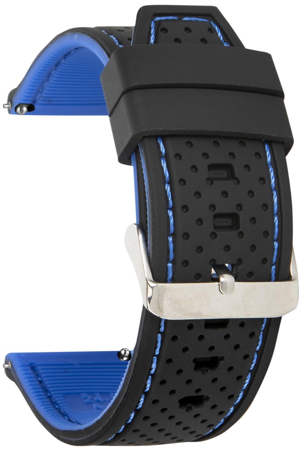 20mm-22mm-24mm Siyah-Mavi Renk Silikon Saat Kordonu Kayışı A54