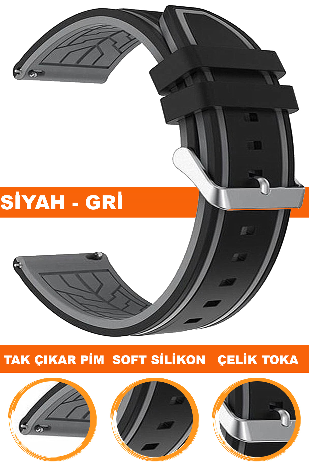 20mm-22mm Siyah-Gri Renk Silikon Saat Kordonu Kayışı A55