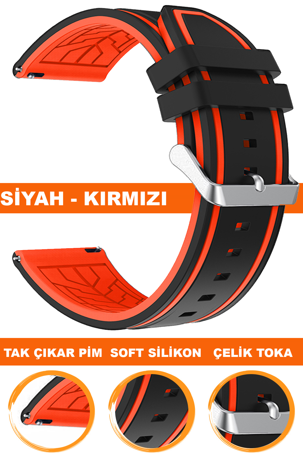 20mm-22mm Siyah-Kırmızı Renk Silikon Saat Kordonu Kayışı A55
