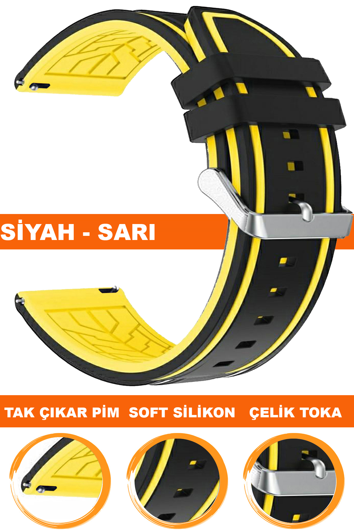 20mm-22mm Siyah-Sarı Renk Silikon Saat Kordonu Kayışı A55