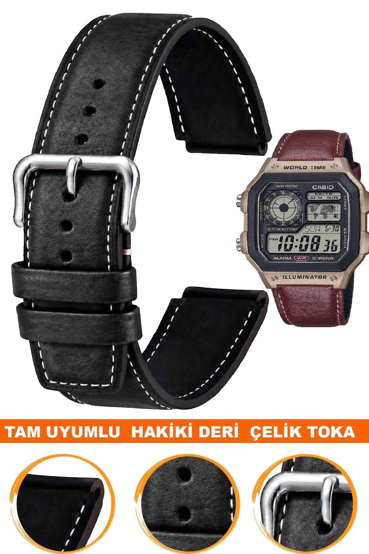 Casio AE-1200WHL-5AVDF Ae-1200 Serileriyle Uyumlu Premium Hakiki Deri Saat Kordonu Kayışı L35CAE