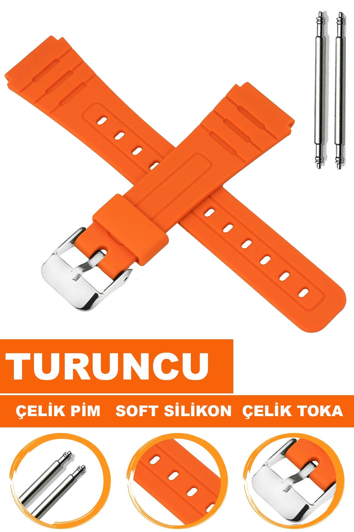 Casio F91 Uyumlu 18X16mm Turuncu Silikon Saat Kordonu S02F91W-T