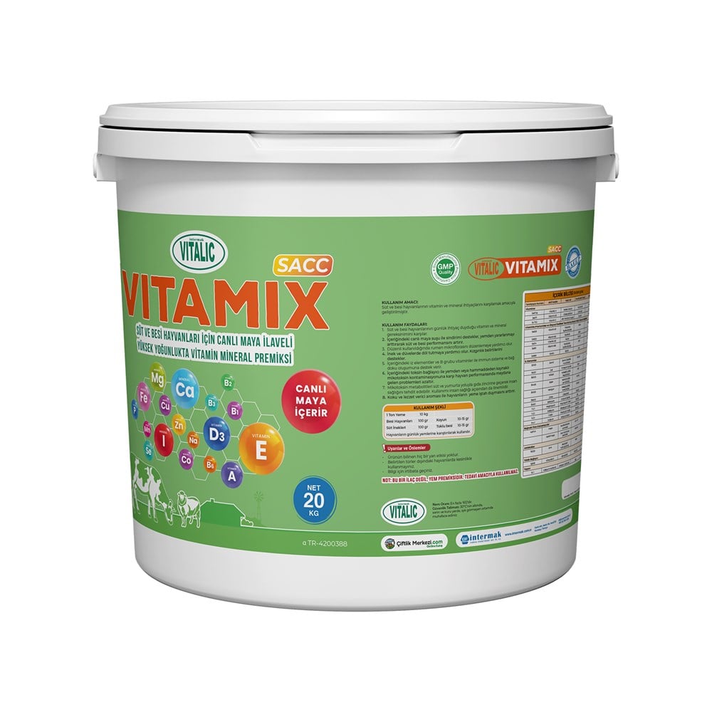 Yem Katkı ÜrünleriVitalicVTM 541VITALIC VITAMIX SACC-SÜT VE BESİ HAYVANLARI İÇİN CANLI MAYA İLAVELİ YÜKSEK YOĞUNLUKTA VİTAMİN MİNERAL PREMİKSİ (20 KG)