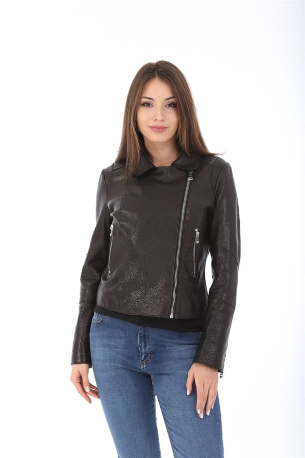 Bayan Gerçek Deri Klasik Biker Ceket Siyah BK-1510 - 19950 FA3
