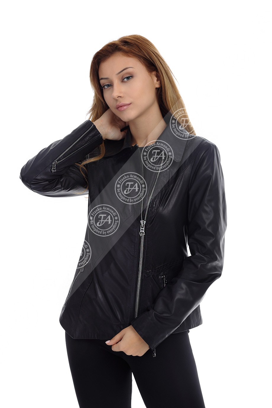 Bayan Gerçek Deri Klasik Ceket Lacivert YBK-1413-19623 FA2