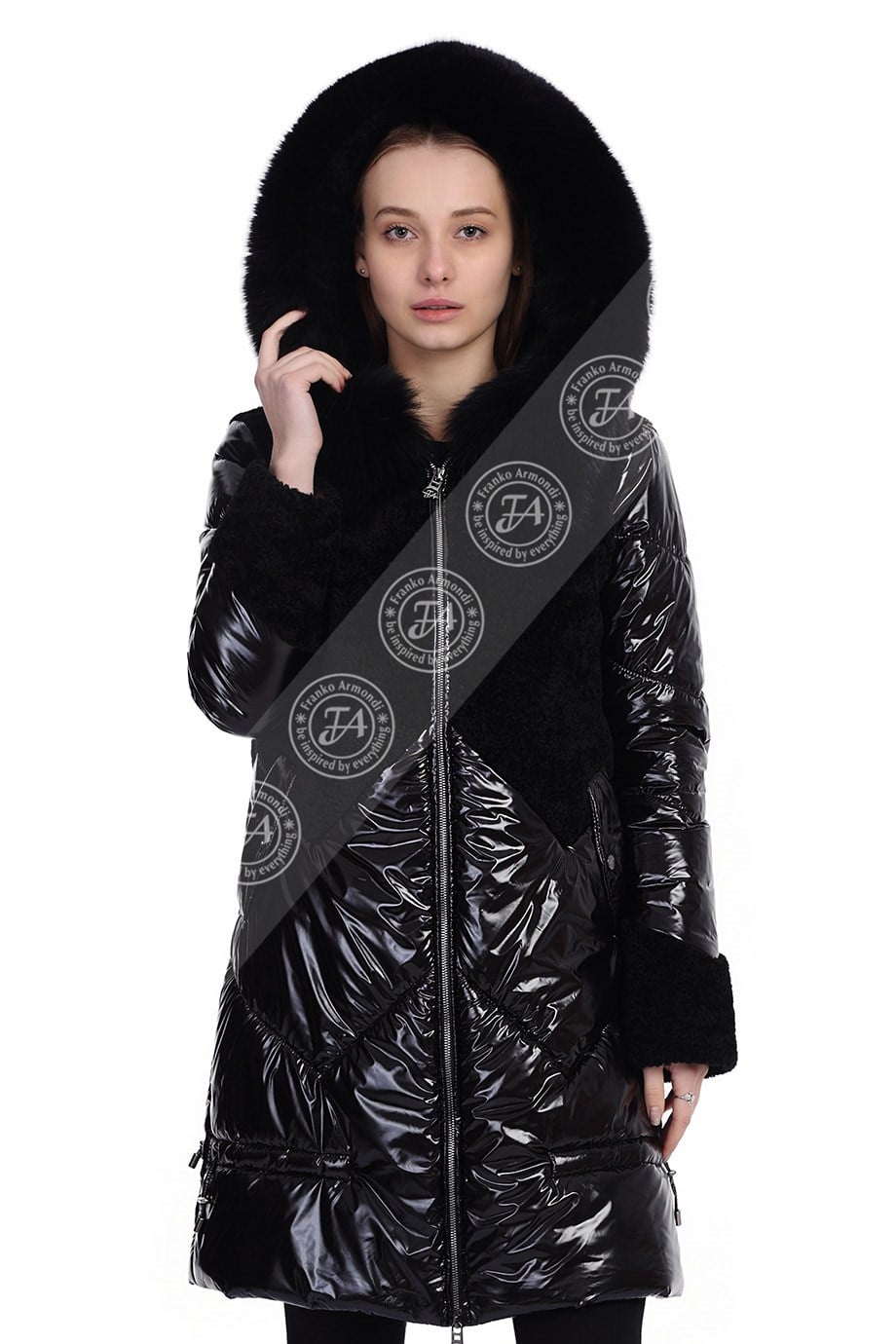 Bayan Gerçek Deri Klasik Kışlık Kaban  Kapşonlu Su Geçirmez Astragan tilki siyah YBU-1469-19725 FA2