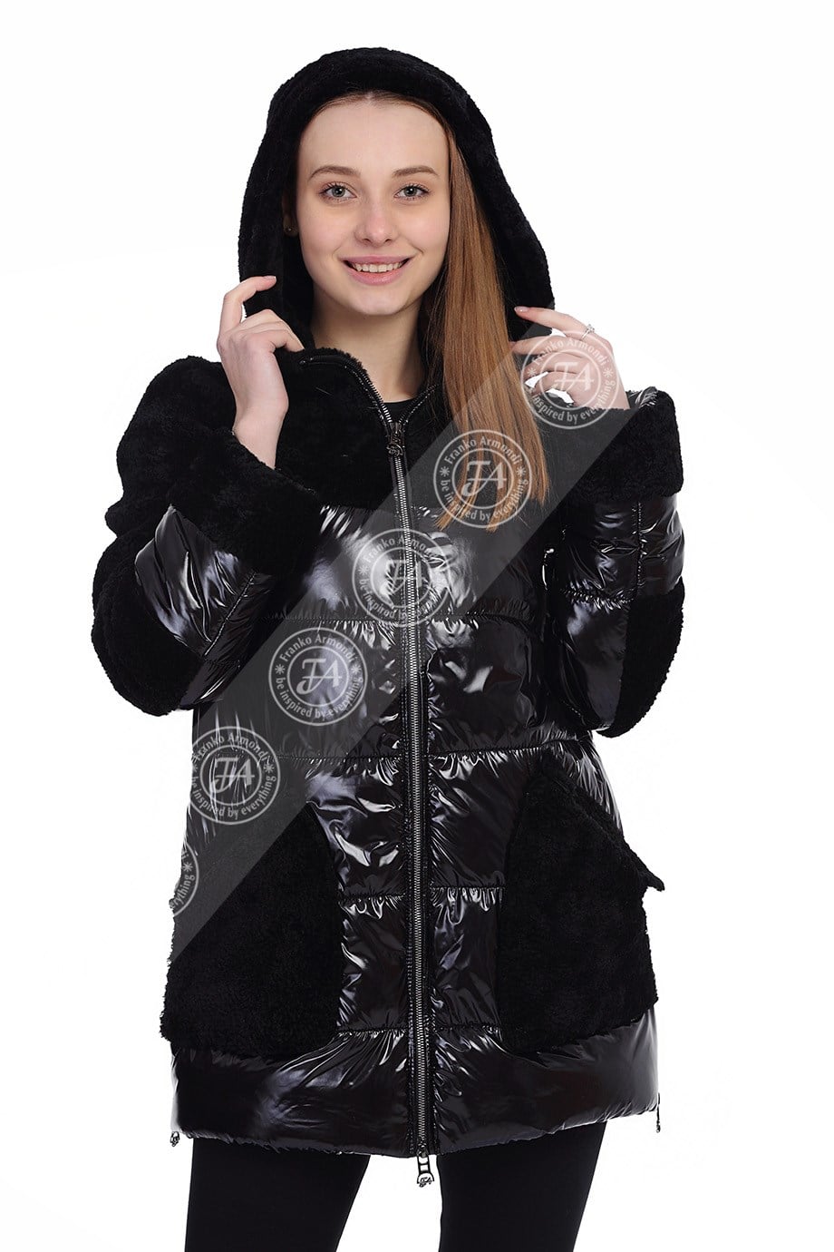 Bayan Gerçek Deri Klasik Kışlık Kaban  Kapşonlu Su Geçirmez Astragan siyah YBO-1466-19726 FA2