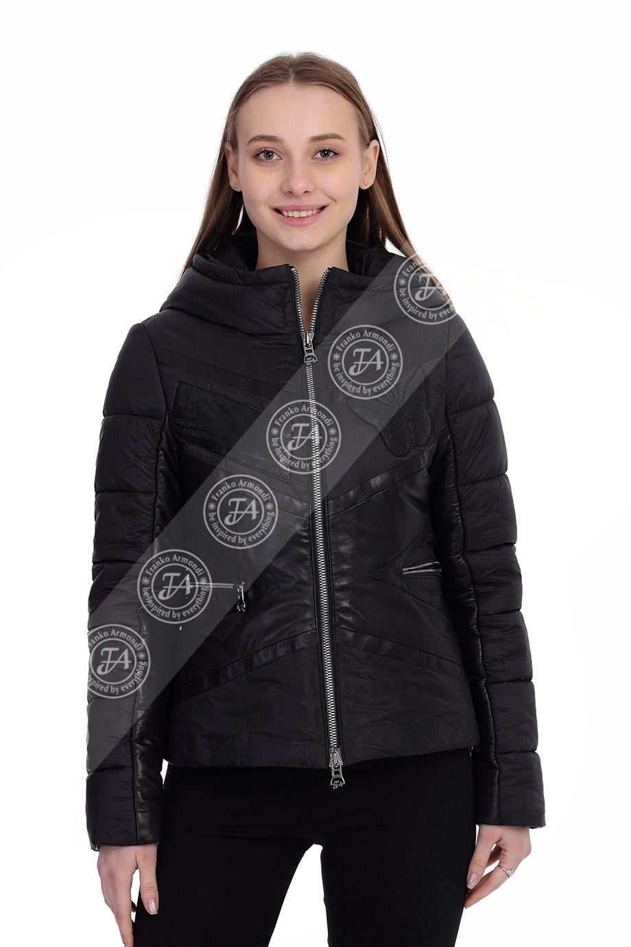 Bayan Gerçek Deri Klasik Luxury Mont Kapşonlu Su geçirmez Kumaş Yazılı Siyah EBK-1470-19738 FA2