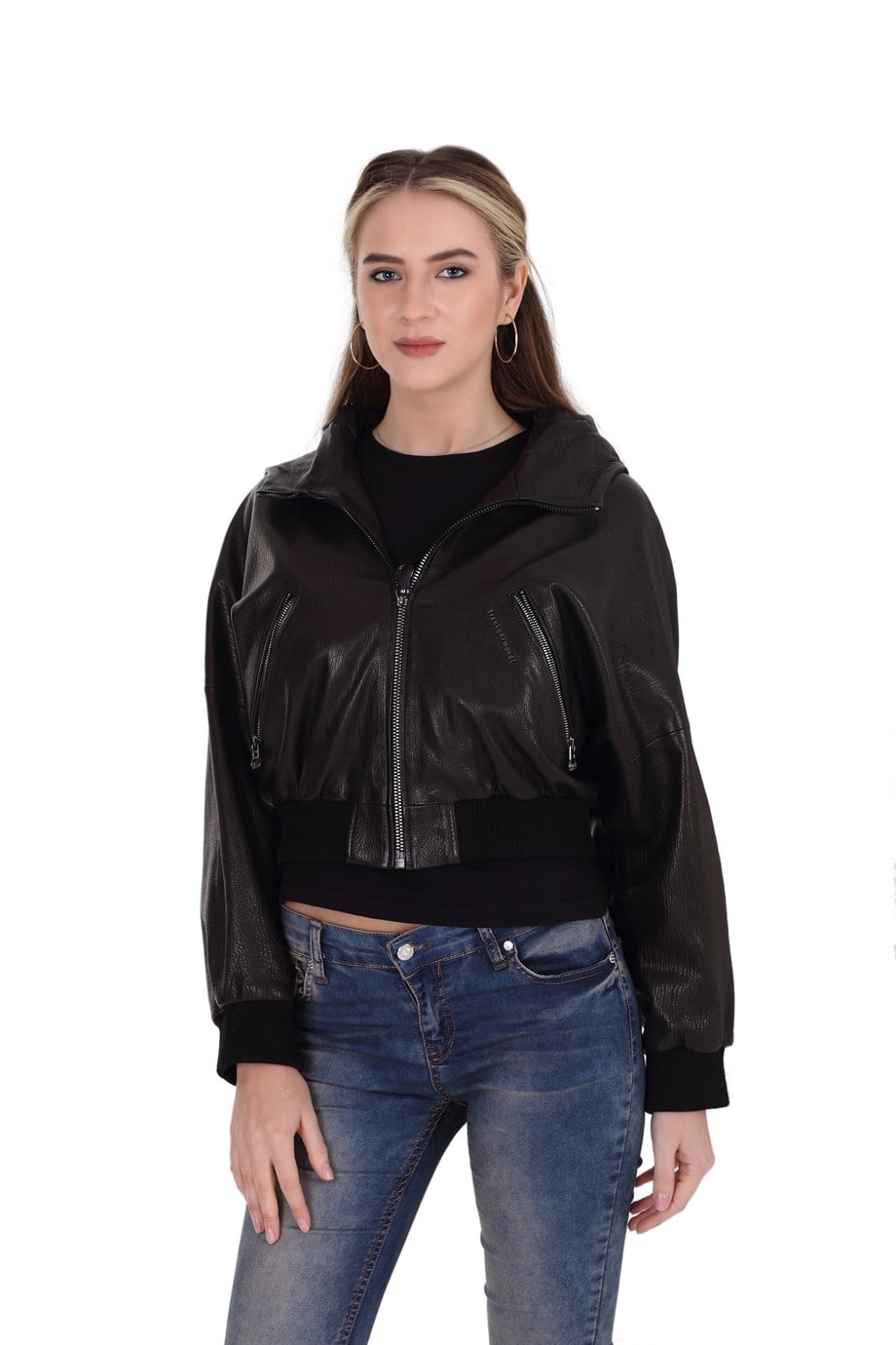 Bayan Gerçek Deri Klasik Mont  Kapşonlu Beli Lastikli Siyah BK-1373-19566 FA2