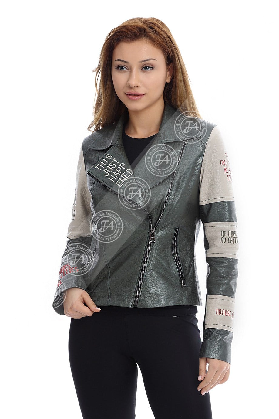 Bayan Gerçek Deri Spor Biker Mont Nakışlı Yeşil-bej MBK-1251-19637 FA2