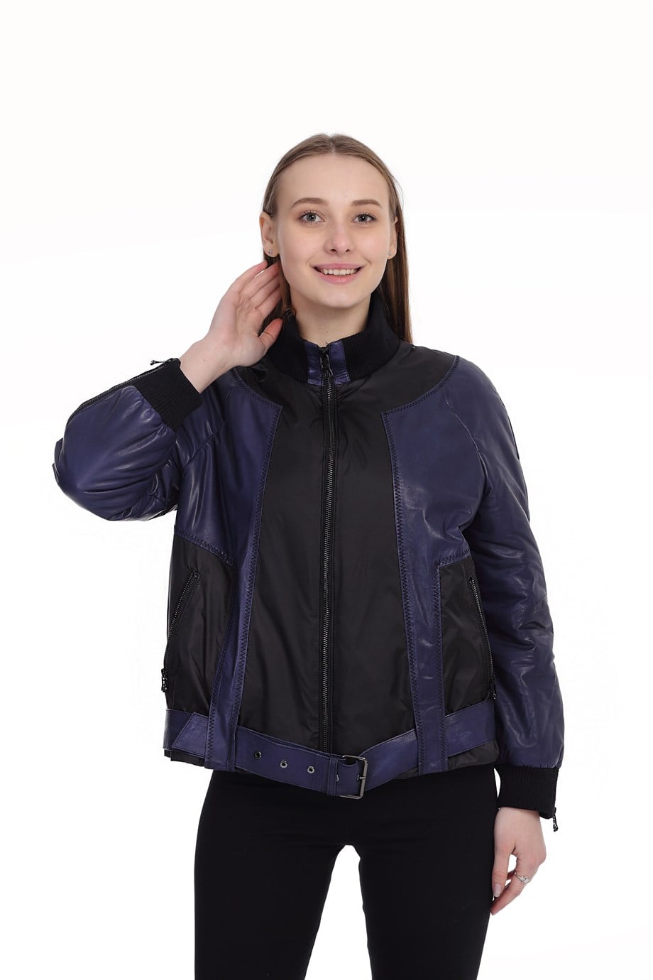 Bayan Gerçek Deri Spor Ceket Oversize Su geçirmez Kumaş  Siyah-Parliament BK-1547A-19711 FA2