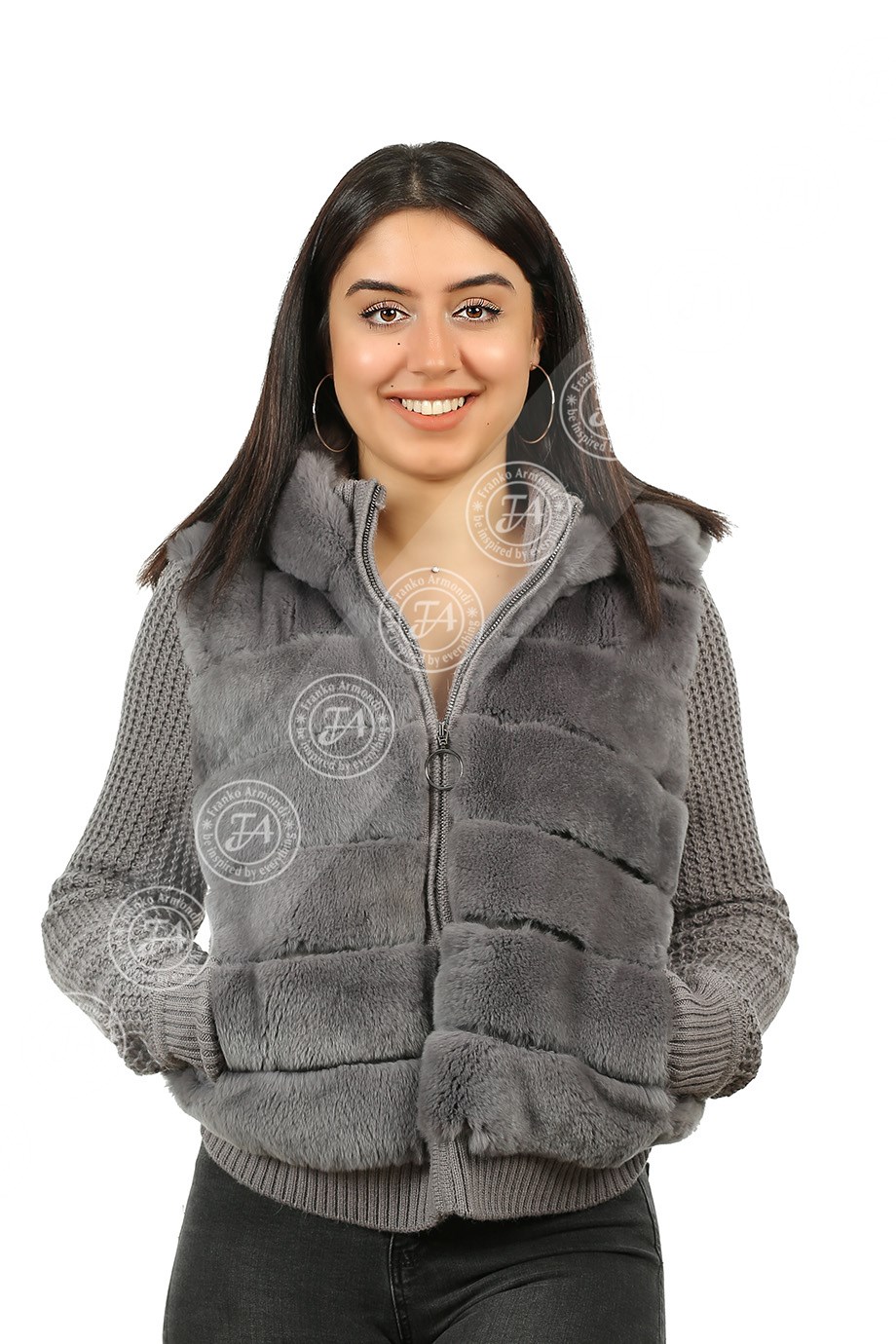 Bayan Gerçek Deri Spor Luxury Mont Kapşonlu Beli Lastikli Rex Triko Gri mk-2380-19510 FA2