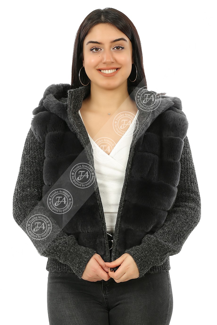 Bayan Gerçek Deri Spor Luxury Mont Kapşonlu Beli Lastikli Rex Triko Antrasit mk-2380-19509 FA2