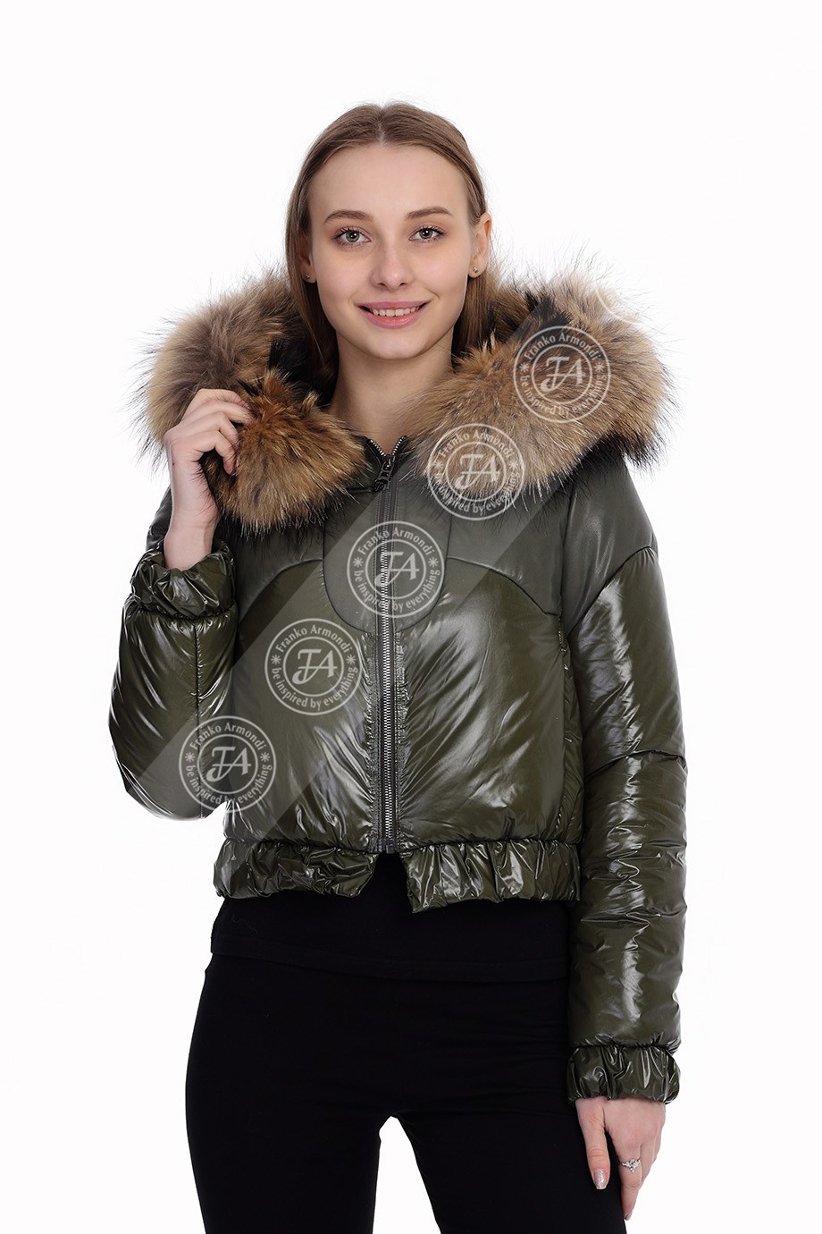 Bayan Gerçek Deri Spor Mont  Kapşonlu Beli Lastikli Su Geçirmez  Kumaş Tilki Haki EBK-1472-19731 FA2