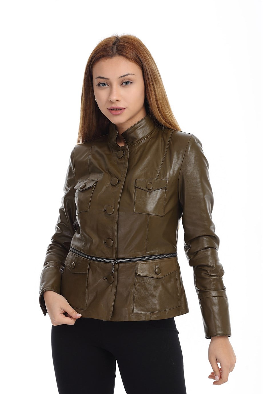 Bayan Gerçek Deri Spor Mont Boy Ayralı Safari Cepli Haki BK-796-19695 FA2
