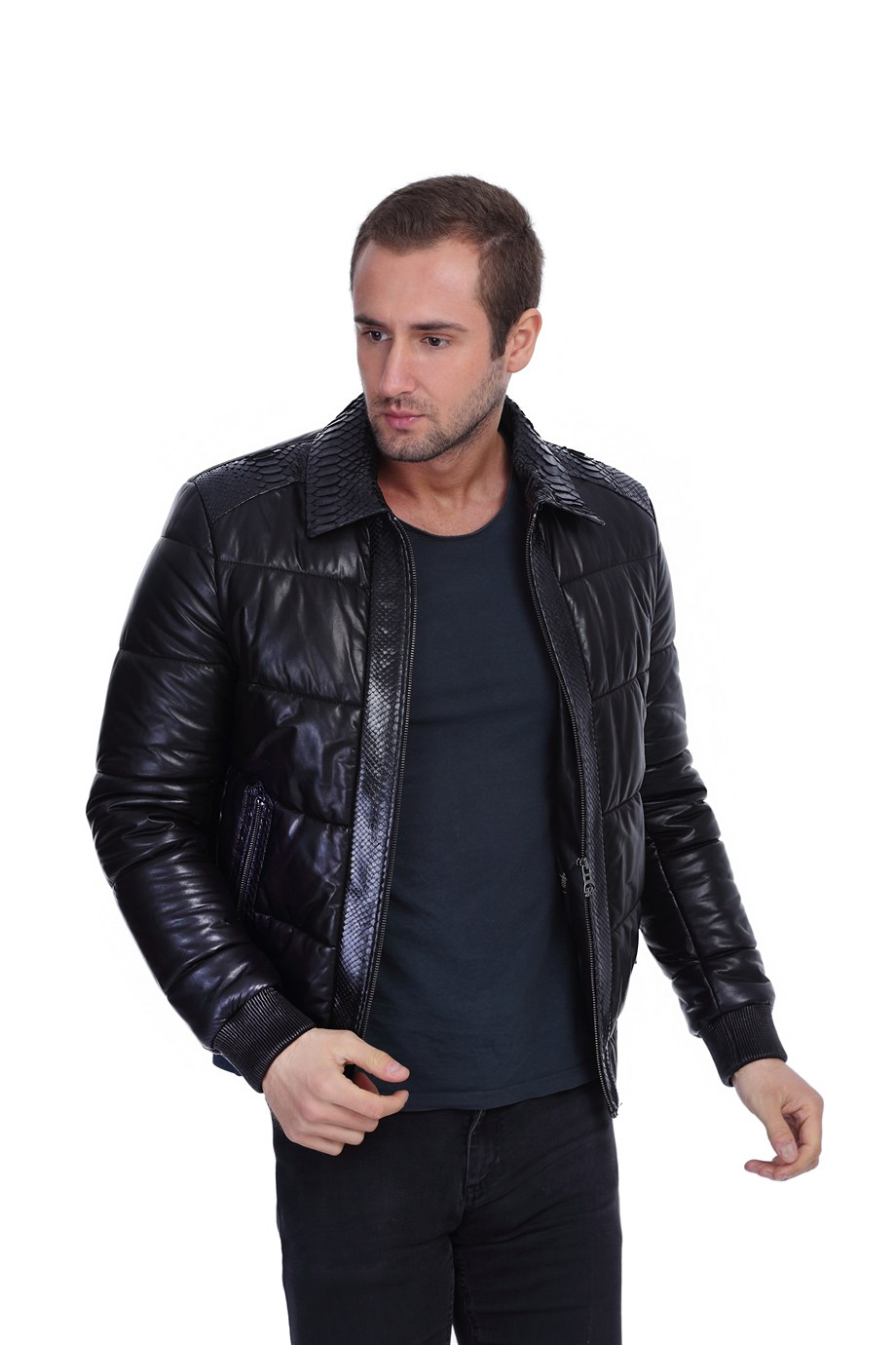 Erkek Gerçek Deri  Spor Luxury Mont Beli Lastikli Şişme  Siyah KLJ-1454-19681 FA2
