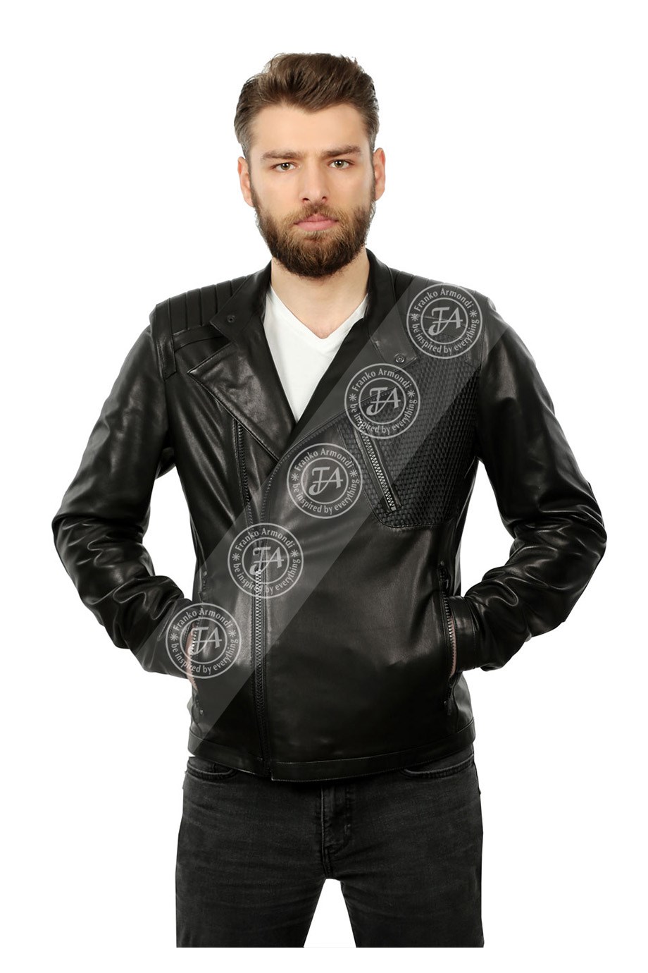 Erkek Gerçek Deri Biker Spor Mont Siyah K-1367-19415