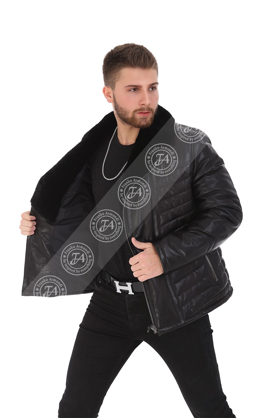 Erkek Gerçek Deri Kışlık Klasik Biker Ceket FA3 KAP-1007 - 19985 Siyah FA3
