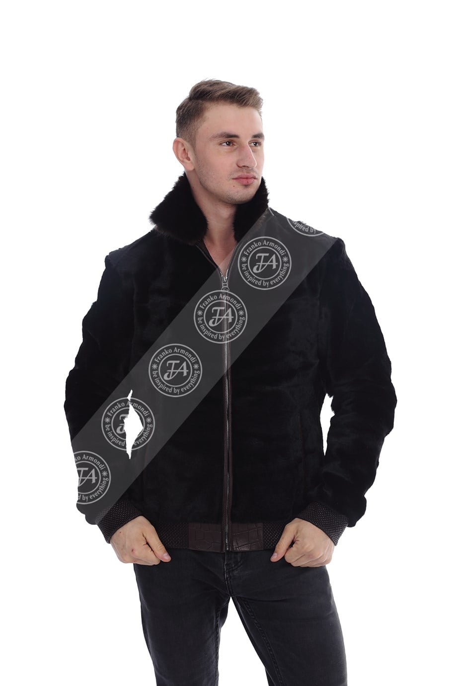 Erkek Gerçek Deri Klasik Kışlık Luxury Mont Beli Lastikli Kanguru Kürk Vizon Yaka K-986-19640 FA2